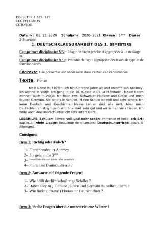 Première page de Devoir surveillé de ALLEMAND — 3e ML — CEG FIYEGNON (2020)