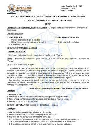Première page de Histoire-Géographie 2nde A, 2nde B — 2e devoir surveillé, 2e trimestre (2019-2020) · CPEG LE PHARAON