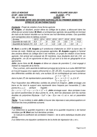 Première page de Mathématiques 1ère C — 2e devoir surveillé, 1er semestre (2020-2021) · CEG LE NOKOUE