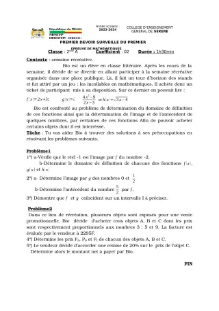Première page de Mathématiques 2nde A2 — 1er devoir surveillé (2023-2024) · CEG SEKERE