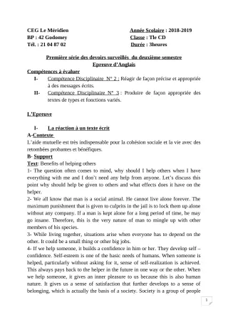 Première page de Anglais Tle C, Tle D — 1er devoir surveillé, 2e semestre (2018-2019) · CEG Le Méridien
