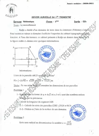 Première page de Mathématiques 3e, 3e ML — 1er trimestre (2020-2021) · CPEG ROSAIRE