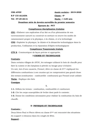 Première page de PCT 6e — 2e devoir surveillé, 1er semestre (2019-2020) · CEG AYOU