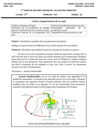 Première page de SVT 5e — 1er devoir surveillé, 2e semestre (2019-2020) · CEG BAKA