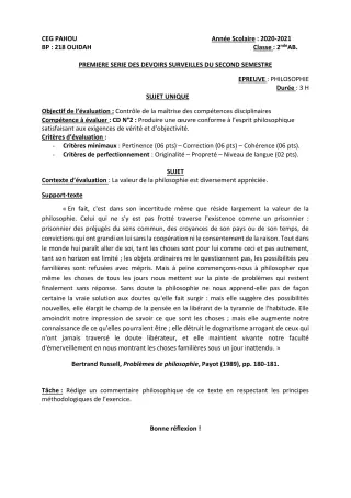 Première page de Philosophie 2nde A & B, 2nde A2, 2nde B — 1er devoir surveillé, 2e semestre (2020-2021) · CEG PAHOU