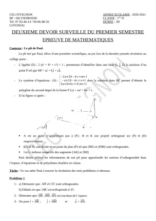 Première page de Mathématiques 1ère D — 2e devoir surveillé, 1er semestre (2020-2021) · CEG FIYEGNON