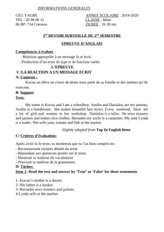 Première page de Anglais 6e — 2e devoir surveillé, 2e semestre (2019-2020) · CEG Yagbe