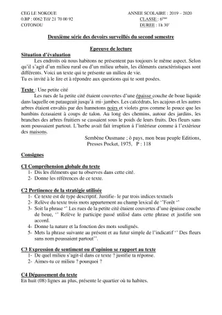 Première page de Français 6e — 2e devoir surveillé, 2e semestre (2019-2020) · CEG LE NOKOUE