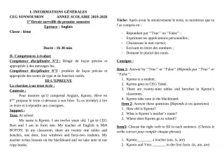 Première page de Anglais 6e — 1er devoir surveillé, 1er semestre (2019-2020) · CEG SONNOUMON