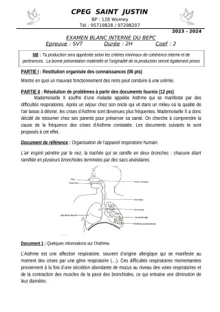 Première page de Devoir surveillé de SVT — 3e, Tle A2, Tle B — CPEG SAINT Justin (2023)