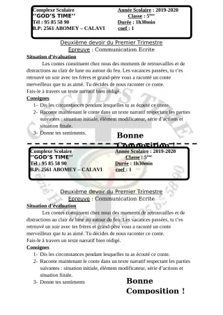 Première page de Histoire-Géographie 5e — Composition, 1er trimestre (2019-2020) · CPEG GOD'S TIME