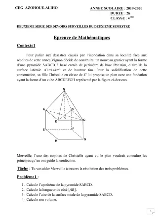 Première page de Mathématiques 4e ML&MC — 2e devoir surveillé, 2e semestre (2019-2020) · CEG AZOHOUE-ALIHO