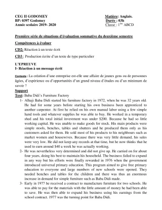 Première page de Anglais 1ère A2, 1ère B, 1ère C, 1ère D, 1ère EFS — Évaluation sommative, 2e semestre (2019-2020) · CEG2 Godomey