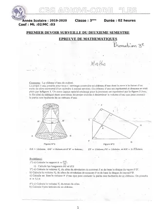 Première page de Mathématiques 3e, 3e ML — 1er devoir surveillé, 2e semestre (2019-2020) · CEG ADJOVICODJI 'LES OLIVIERS'
