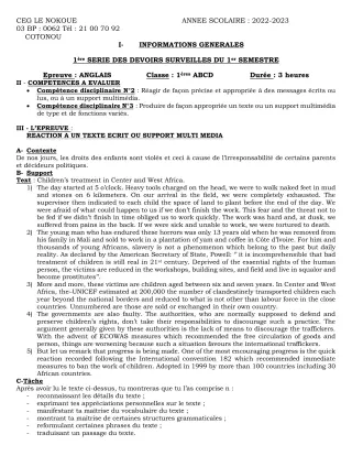 Première page de Anglais 1ère A2, 1ère B, 1ère D — 1er devoir surveillé, 1er semestre (2022-2023) · CEG LE NOKOUE
