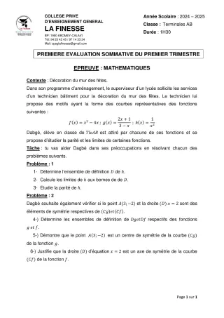 Première page de Mathématiques Tle A1, Tle A2, Tle B — 1re évaluation sommative, 1er trimestre (2024-2025) · CPEG La Finesse