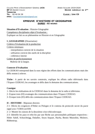 Première page de Histoire-Géographie 1ère A2, 1ère B, 1ère C, 1ère D — Devoir surveillé, 1er trimestre (2019-2020) · CPEG LICA