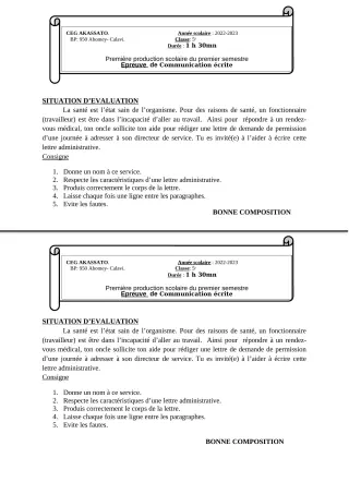 Première page de Français 5e — 1re production scolaire, 1er semestre (2022-2023) · CEG Akassato