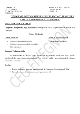 Première page de Histoire-Géographie Tle A2, Tle B — 2e devoir surveillé, 2e semestre (2019-2020) · CEG FIYEGNON