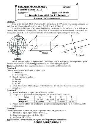 Première page de Mathématiques 6e, 5e, 4e, 4e ML, 3e, 3e ML, 2nde A, 2nde B, 2nde C, 2nde D, 1ère A1, 1ère A2, 1ère B, 1ère C, 1ère D, Tle A1, Tle A2, Tle B, Tle C, Tle D — Devoir surveillé, 1er semestre (2018-2019) ·