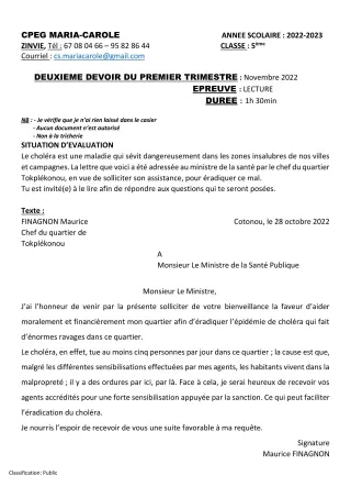 Première page de Français 5e — 2e devoir surveillé, 1er trimestre (2022-2023) · CPEG MARIA-CAROLE