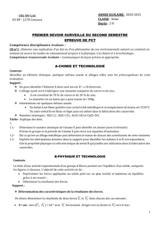 Première page de PCT 4e — 1er devoir surveillé, 2e semestre (2020-2021) · CEG du Lac