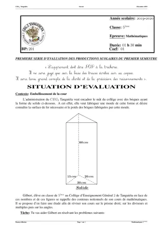 Première page de Mathématiques 5e — Production scolaire, 1er semestre (2019-2020) · CEG2 TANGUIETA