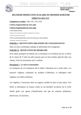 Première page de SVT 4e — 2e production scolaire, 1er semestre (2019-2020) · CEG ADJOVICODJI 'LES OLIVIERS'