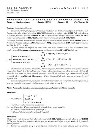 Première page de Mathématiques 1ère C — 2e devoir surveillé, 1er semestre (2018-2019) · CEG Le Plateau