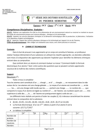 Première page de PCT 2nde C, 2nde D — 1er devoir surveillé, 1er semestre (2018-2019) · CEG Sainte Rita