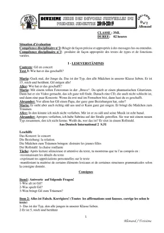 Première page de Allemand 3e ML — 1er semestre (2018-2019) · CEG1 Covè