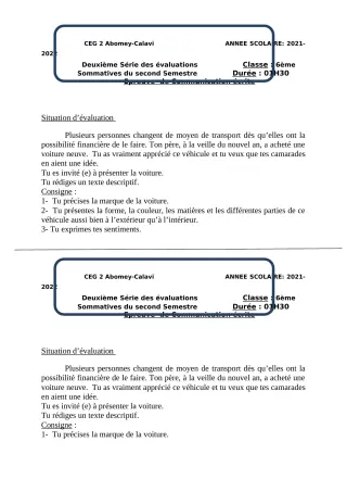Première page de Français 6e — 2e évaluation sommative, 2e semestre (2021-2022) · CEG2 ABOMEY - CALAVI (CEG ZOCA)