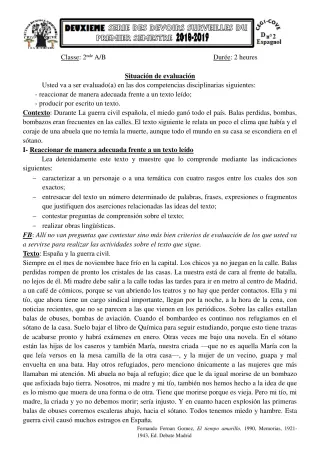 Première page de Espagnol 2nde A & B — 2e devoir surveillé, 1er semestre (2018-2019) · CEG1 Covè