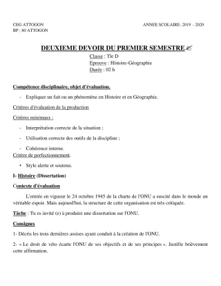 Première page de Histoire-Géographie Tle D — 2e devoir surveillé, 1er semestre (2019-2020) · CEG Attogon