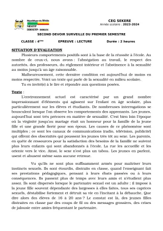 Première page de Français 4e — 2e devoir surveillé, 1er semestre (2023-2024) · CEG SEKERE