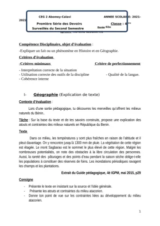 Première page de Histoire-Géographie 4e — 1er devoir surveillé, 2e semestre (2021-2022) · CEG2 ABOMEY - CALAVI (CEG ZOCA)