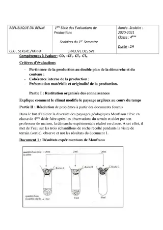 Première page de SVT 4e — 1re évaluation sommative, 1er semestre (2020-2021) · CEG SEKERE