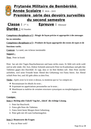 Première page de Allemand 2nde A — 1er devoir surveillé, 2e semestre (2018-2019) · PMB