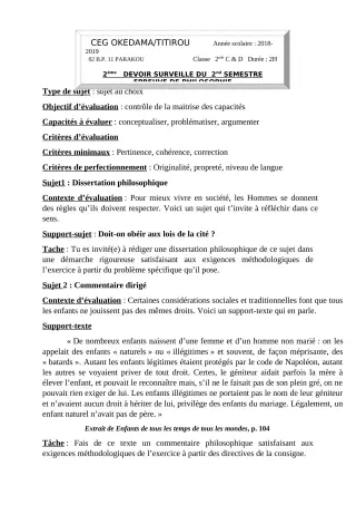 Première page de Philosophie 2nde C, 2nde D — Devoir surveillé, 2e semestre (2018-2019) · CEG OKEDAMA