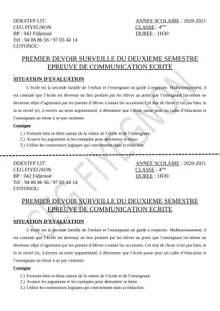 Première page de Français 4e — 1er devoir surveillé, 2e semestre (2020-2021) · CEG FIYEGNON