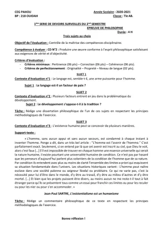 Première page de Philosophie Tle A1, Tle A2, Tle B — 1er devoir surveillé, 2e semestre (2020-2021) · CEG PAHOU
