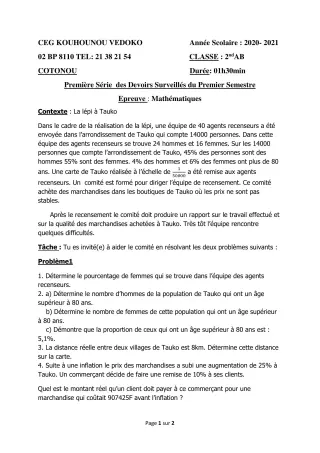 Première page de Mathématiques 2nde A1, 2nde A2, 2nde B — 1er devoir surveillé, 1er semestre (2020-2021) · CEG Kouhounou-Vêdoko