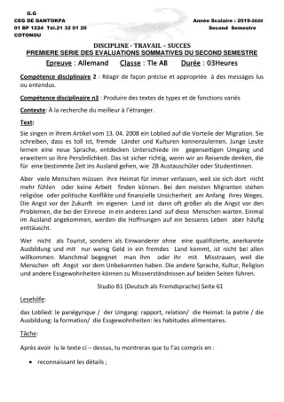 Première page de Allemand 4e ML&MC, 3e ML, Tle A2, Tle B — 1re évaluation sommative, 2e semestre (2019-2020) · CEG Dantokpa