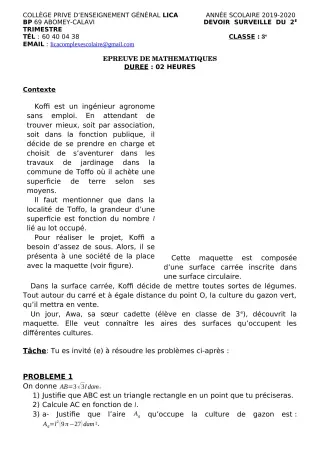 Première page de Mathématiques 3e, 3e ML — Devoir surveillé, 1er trimestre (2019-2020) · CPEG LICA