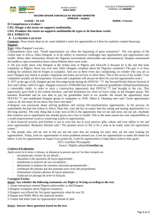 Première page de Anglais Tle A2, Tle D — 2e devoir surveillé, 2e semestre (2022-2023) · CEG SEKERE