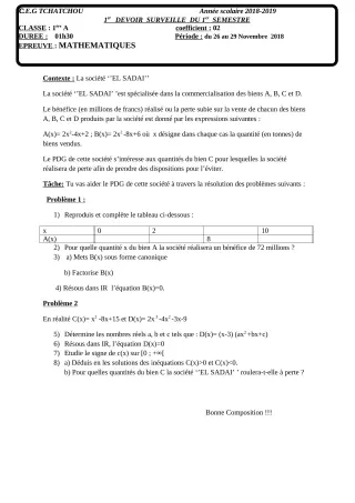 Première page de Mathématiques 1ère A — Devoir surveillé, 1er semestre (2018-2019) · CEG Tchatchou
