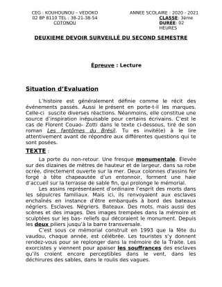 Première page de Français 3e, 3e ML — 2e devoir surveillé, 2e semestre (2020-2021) · CEG Kouhounou-Vêdoko
