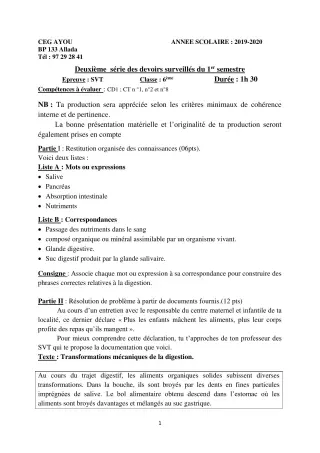 Première page de SVT 6e — 2e devoir surveillé, 1er semestre (2019-2020) · CEG AYOU