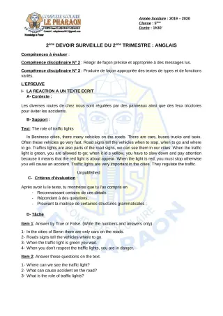 Première page de Anglais 5e — 2e devoir surveillé, 2e trimestre (2019-2020) · CPEG LE PHARAON