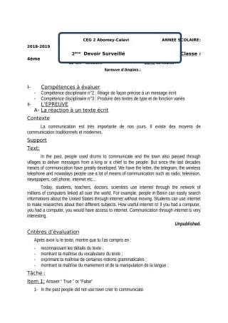 Première page de Anglais 4e, 4e ML — 2e devoir surveillé, 1er semestre (2018-2019) · CEG2 ABOMEY - CALAVI (CEG ZOCA)